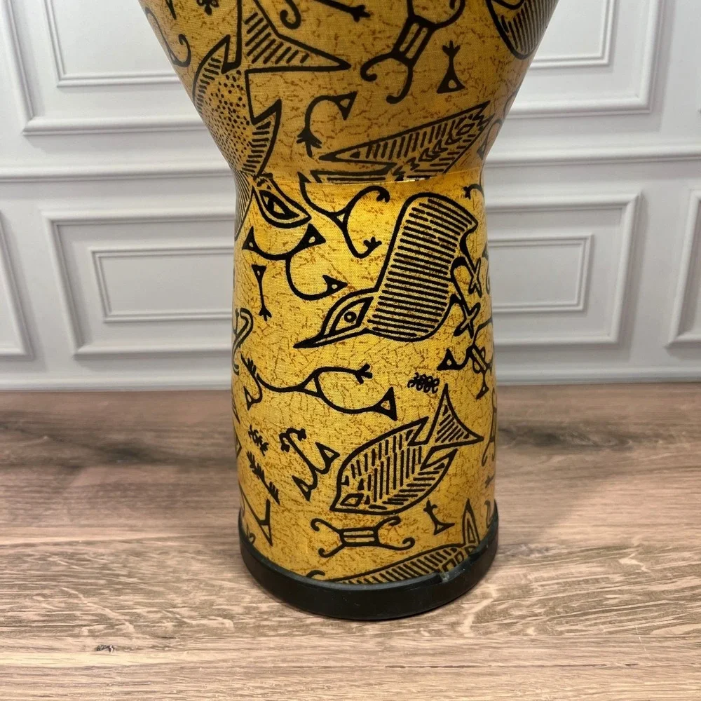 Remo Djembe Hand Drum Yellow Black Petroglyph Fish Bird Print 14